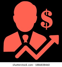Red Icon showing a man with an arrow going upwards and a dollar sign in black background.