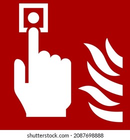 Red icon sign board for fire extinguisher. Fire, hand and button symbol or label.