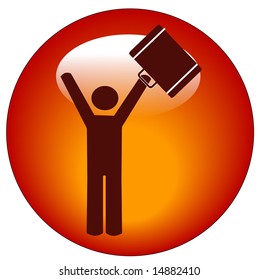 red icon of stick man or figure celebrating with briefcase up in the air