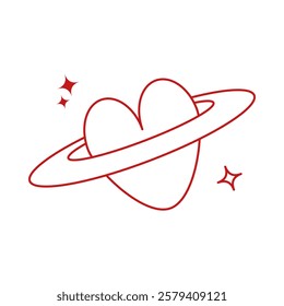 Red icon for Valentine's Day. Planet of love. Rings of Saturn. Space and stars. Isolated element.	 