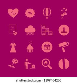 red icon. red vector icons set heartbeat, paint roller, evening dress and paper clip