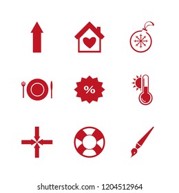 red icon. red vector icons set arrows center, house heart, plate folk knife and up arrow