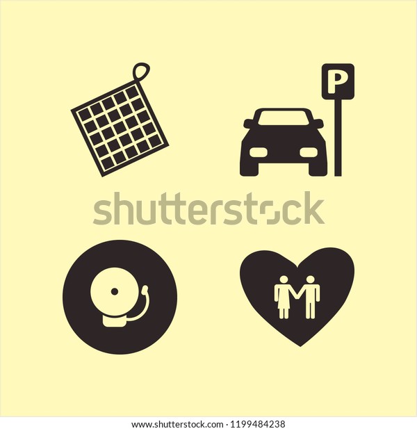 red icon. red vector icons set oven mitts,\
man woman love, school bell and parked\
car