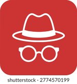 Red icon with white hat and glasses on square background