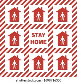 Red icons of people in houses separated by a safety tapes and text STAY HOME.Self isolation and quarantine  to protect against the coronavirus pandemic.Vector infographic isolated on white background.