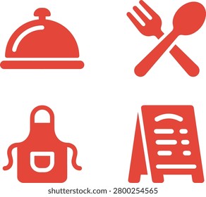 Red icons representing dining elements including a cloche, utensils, apron, and menu board