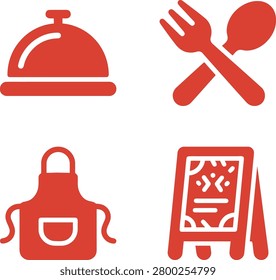 Red icons representing dining elements including a cloche, utensils, an apron, and a menu board (1)