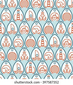 Red icons seabirds, marine equipment and facilities on the background of blue waves