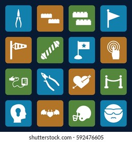 red icons set. Set of 16 red filled icons such as wind cone, child building kit, hair curler, pliers, cool emot in sunglasses, heart with arrow, devil heart with wings