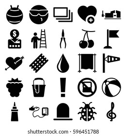 red icons set. Set of 25 red filled icons such as cherry, mulberry, no laptop, wind cone, siren, beach ball, hair curler, water drop, pliers, vice clamp, paint bucket