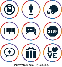 Red icons set. set of 9 red filled icons such as no laptop, flag, love word, present, medical cross, stop, american football helmet, chat