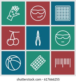 Red icons set. set of 9 red outline icons such as cherry, beach ball, hair curler, pliers, arm rash, cool emot in sunglasses, barcode