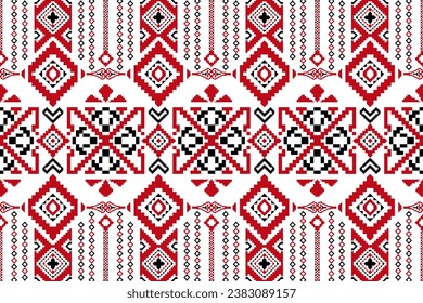 Red Ikat ethnic textile seamless pattern design, tribal boho traditional embroidery on a vector background, and Aztec fabric carpet with mandala ornaments, all rich in cultural and artistic heritage.