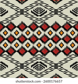 Red Ikat Fabric with Black Border in Diamond Shape is a traditional sarong or carpet pattern with seamless geometric patterns in black, red and yellow on a seamless grey background.