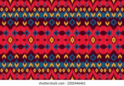 Patrones de ikat rojos. Estilo retro de la cosecha tribal geométrica. El tejido étnico da lugar a un patrón sin fisuras. Ilustración vectorial de la imitación kat de navajo azteca kat. Diseño para telas de fondo textil textil de textura.