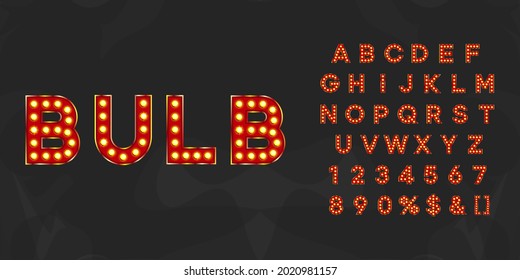 Red illuminated bulb text. Vintage typography for theater or showtime movie design.