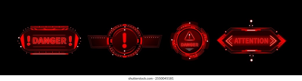 Red illuminated frames with warning signs and text. Distinct tech styled designs display danger and attention messages with exclamation marks for game interface alerts or digital notification systems.