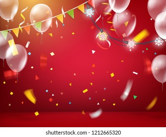 Red illuminated room with balloons and flags and garland and color confetti