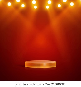 Red illuminated stage background with glowing golden spotlights and round podium. Ideal for product display, award ceremony, show presentation, event promotion, or festive marketing design.
