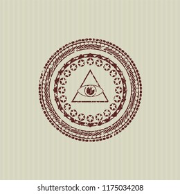 Red illuminati pyramid icon inside distressed rubber grunge texture seal
