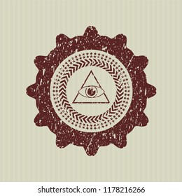 Red illuminati pyramid icon inside rubber seal with grunge texture