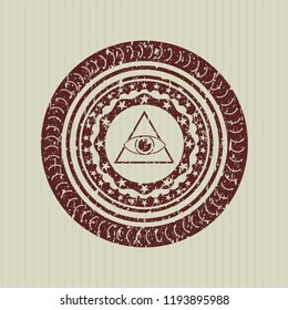 Red illuminati pyramid icon inside distress rubber grunge seal