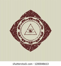 Red illuminati pyramid icon inside distress rubber seal with grunge texture