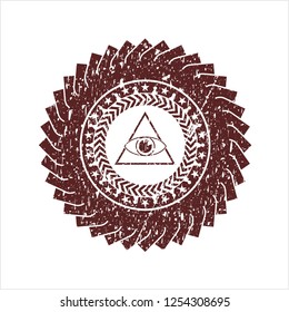 Red illuminati pyramid icon inside distress grunge stamp