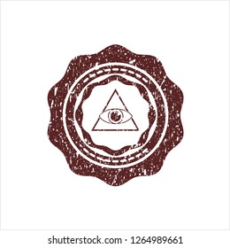 Red illuminati pyramid icon inside distressed rubber grunge seal