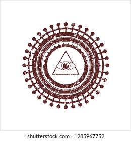 Red illuminati pyramid icon inside rubber grunge texture seal