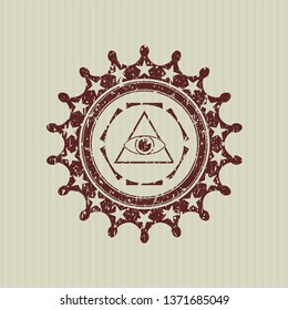Red illuminati pyramid icon inside rubber seal with grunge texture