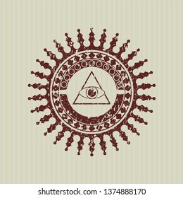 Red illuminati pyramid icon inside distressed with rubber seal texture