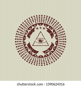 Red illuminati pyramid icon inside distress grunge style stamp
