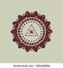 Red illuminati pyramid icon inside grunge style stamp