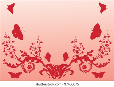 red illustration with butterflies and flowers