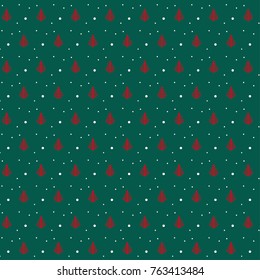 Red illustration Christmas tree pattern with white dots on green background, for gift wrapping paper