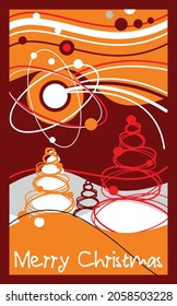 red illustration of christmas tree under a comet