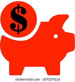 Red Illustration of Piggy bank with Dollar coin falling in it. Vector flat color icon.