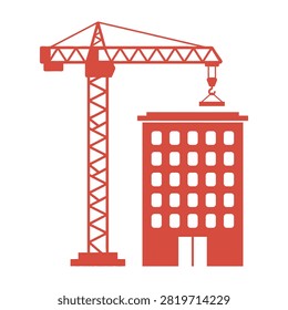 Red illustration of a tower crane and a high-rise building. Construction site concept. Urban development symbol. Isolated graphic for design.