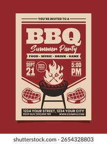 Modelo de convite vertical do cartaz do partido do churrasco do verão ilustrativo vermelho