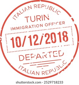 Un sello de inmigración rojo marca la fecha de salida del 12 de octubre de 2018 de Italia emitido en Turín por un oficial de inmigración.