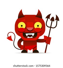 Red Imp With A Cheerful Smile And A Trident Suitable For Greeting Card, Poster Or T-shirt Printing.