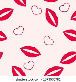 
Red imprint of female lips and hearts on a beige background, seamless vector pattern. Texture for the fabric.