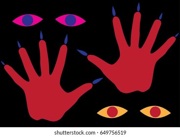 The red imprint of a palm with claws and four eyes in night for the press on t-shirts