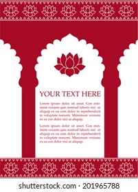 Red Indian architecture background with lotus flowers and space for text