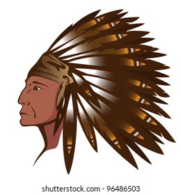 Red Indian chief wearing traditional feather headdress - vector illustration