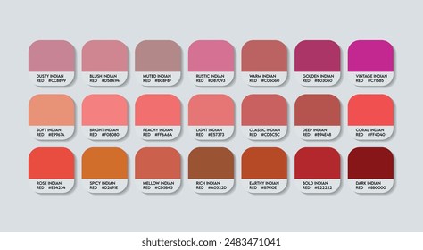 Red Indian Color Palette, Red Indian Color Guide Palette with Color Names. Catalog Samples of Indian Red with RGB HEX codes and Names. Cream, Wood, and plastic, Fashion Trend Red Pink Color Palette