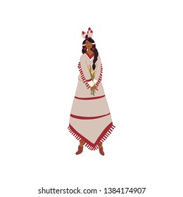 Red Indian girl holding a bouquet of flowers. Vector illustration.