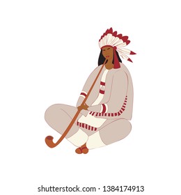 Red Indian girl smokes a long pipe. Vector illustration.