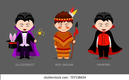 Red indian, vampire, illusionist. Cute kids in carnival costumes. Cartoon personages. Vector flat illustration.